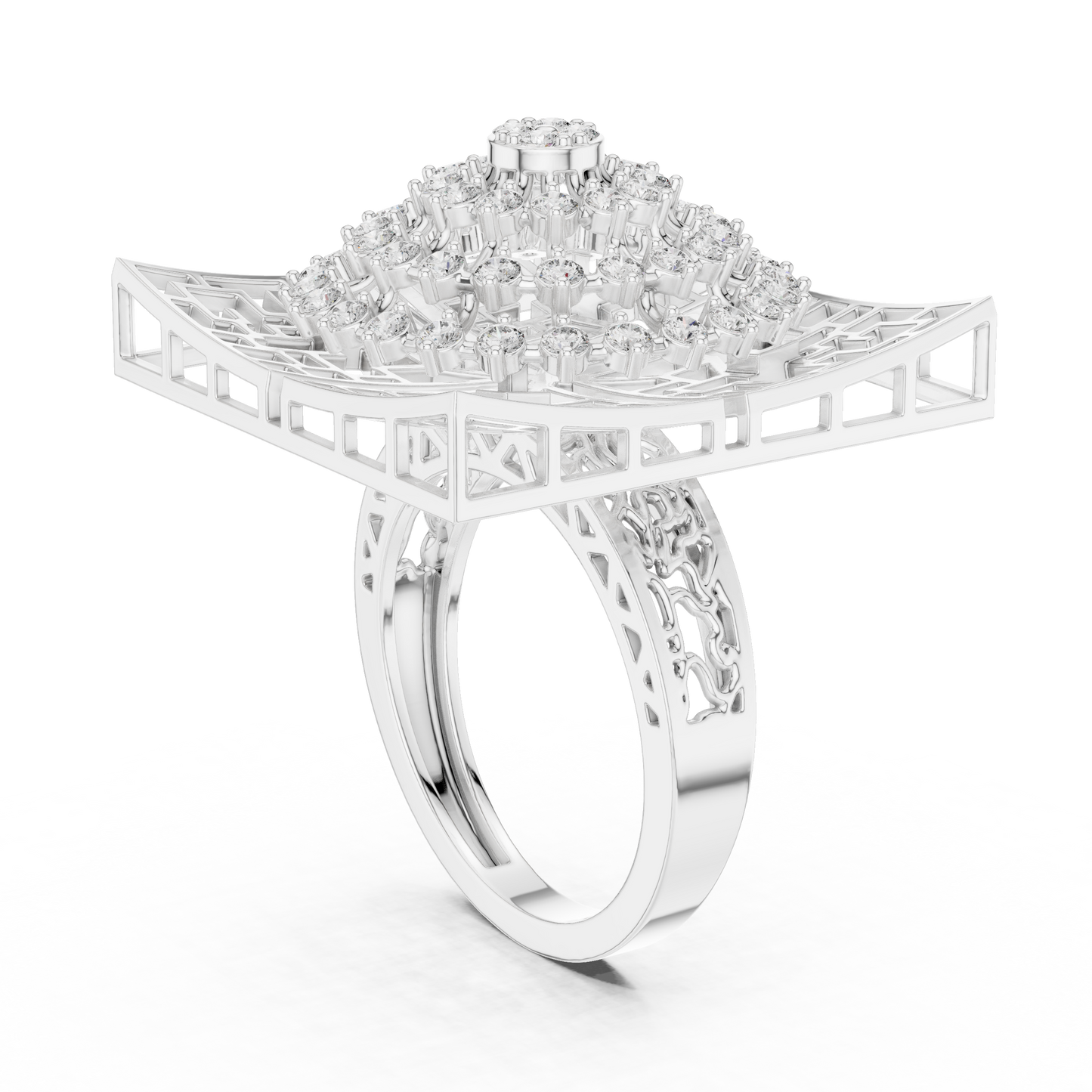 Flower Bouquet Shape Square Base Diamond Ring - SB-9-38