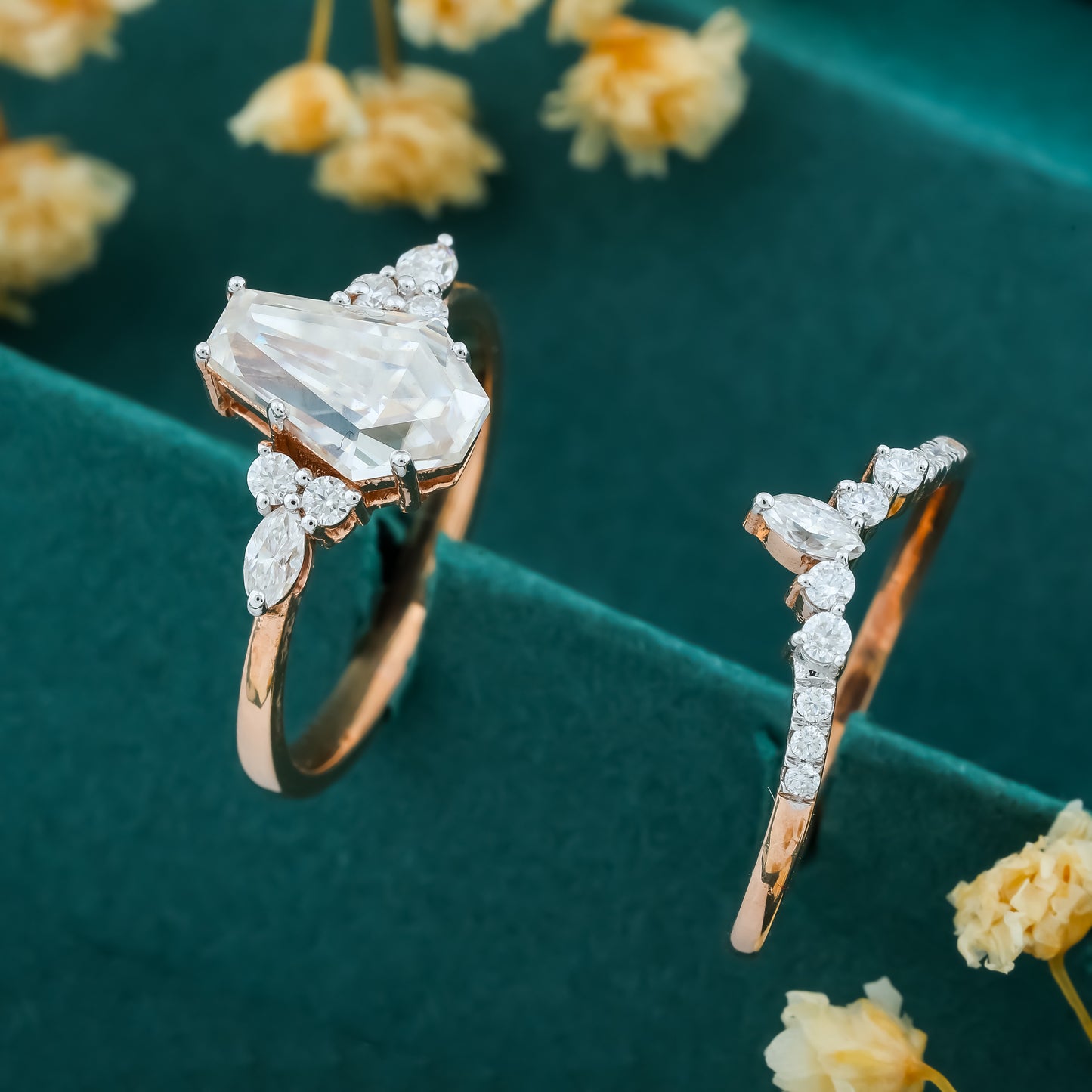 Ethereal Rose Gold Baguette-Cut Moissanite Bridal Ring Set