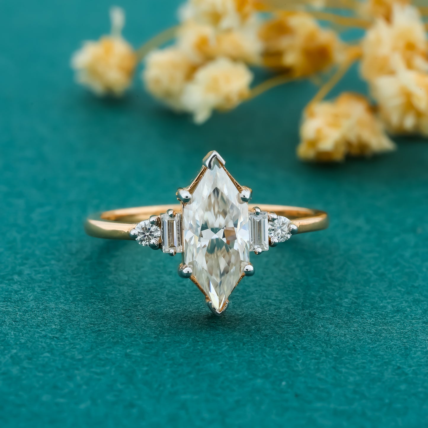 Elegant Marquise-Cut Diamond Ring in Gold Finish