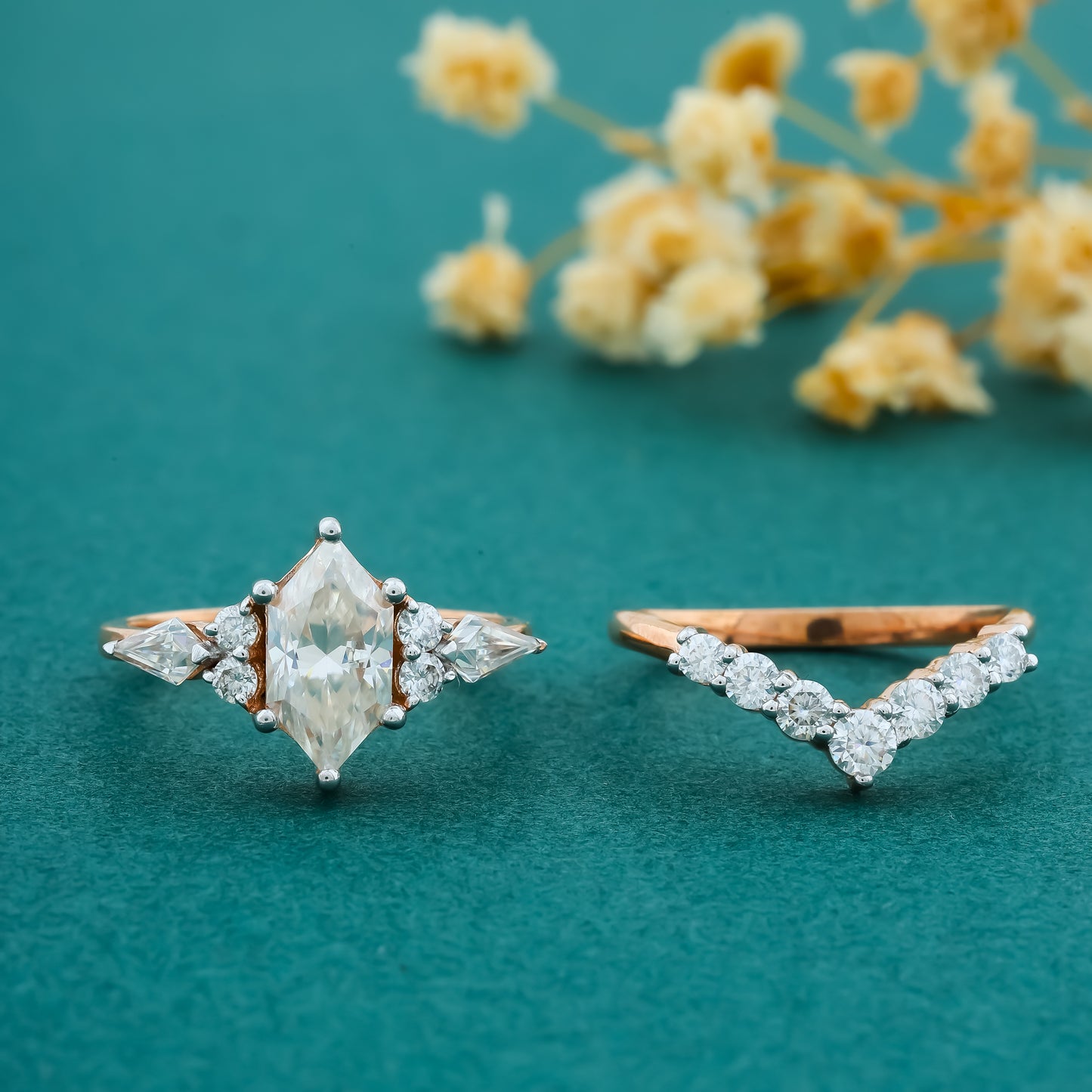Elegant Marquise & V-Shaped Diamond Ring Set