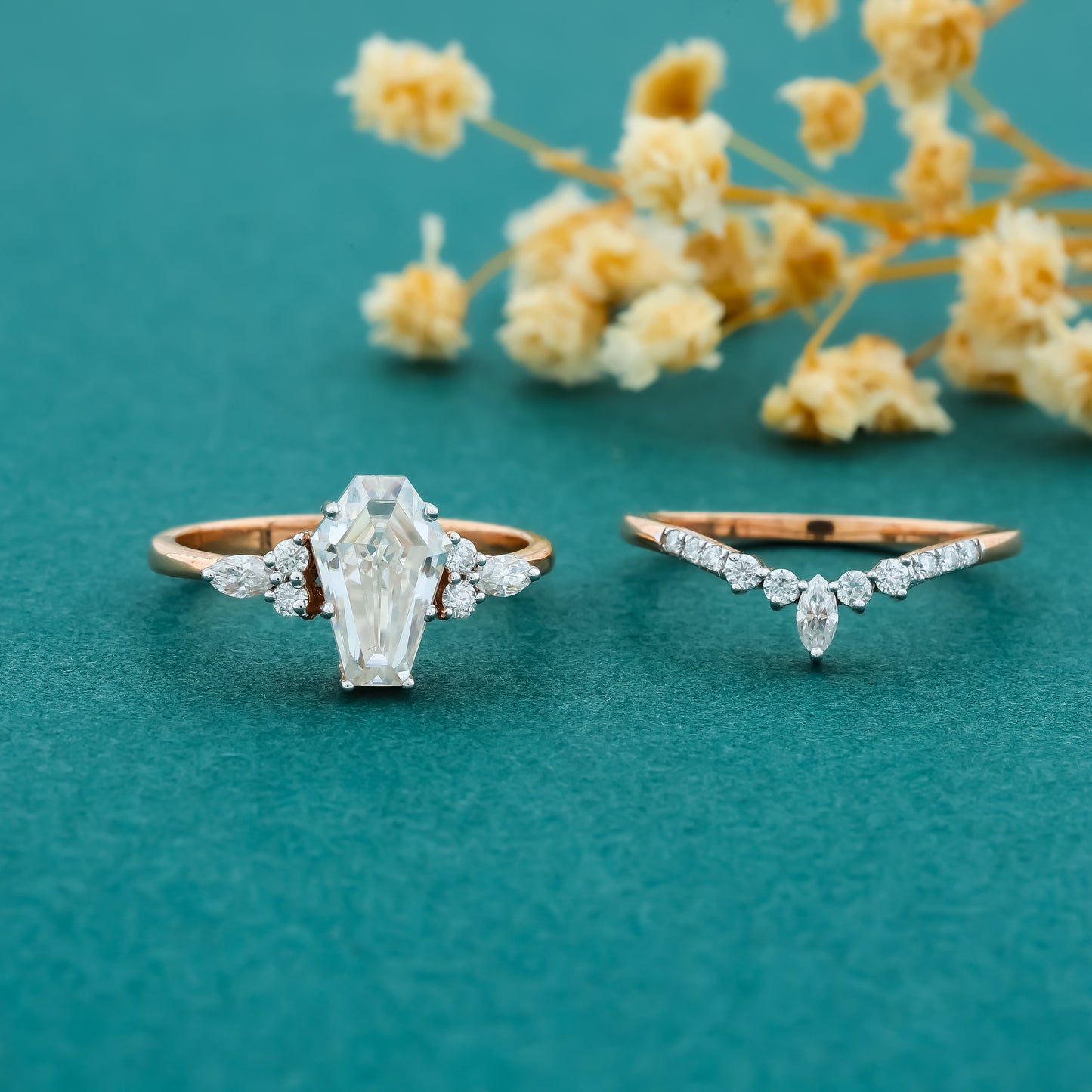 Ethereal Rose Gold Baguette-Cut Moissanite Bridal Ring Set