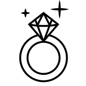 Black and white icon of a diamond ring with stars around it.