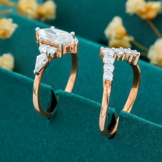 Elegant Marquise & V-Shaped Diamond Ring Set